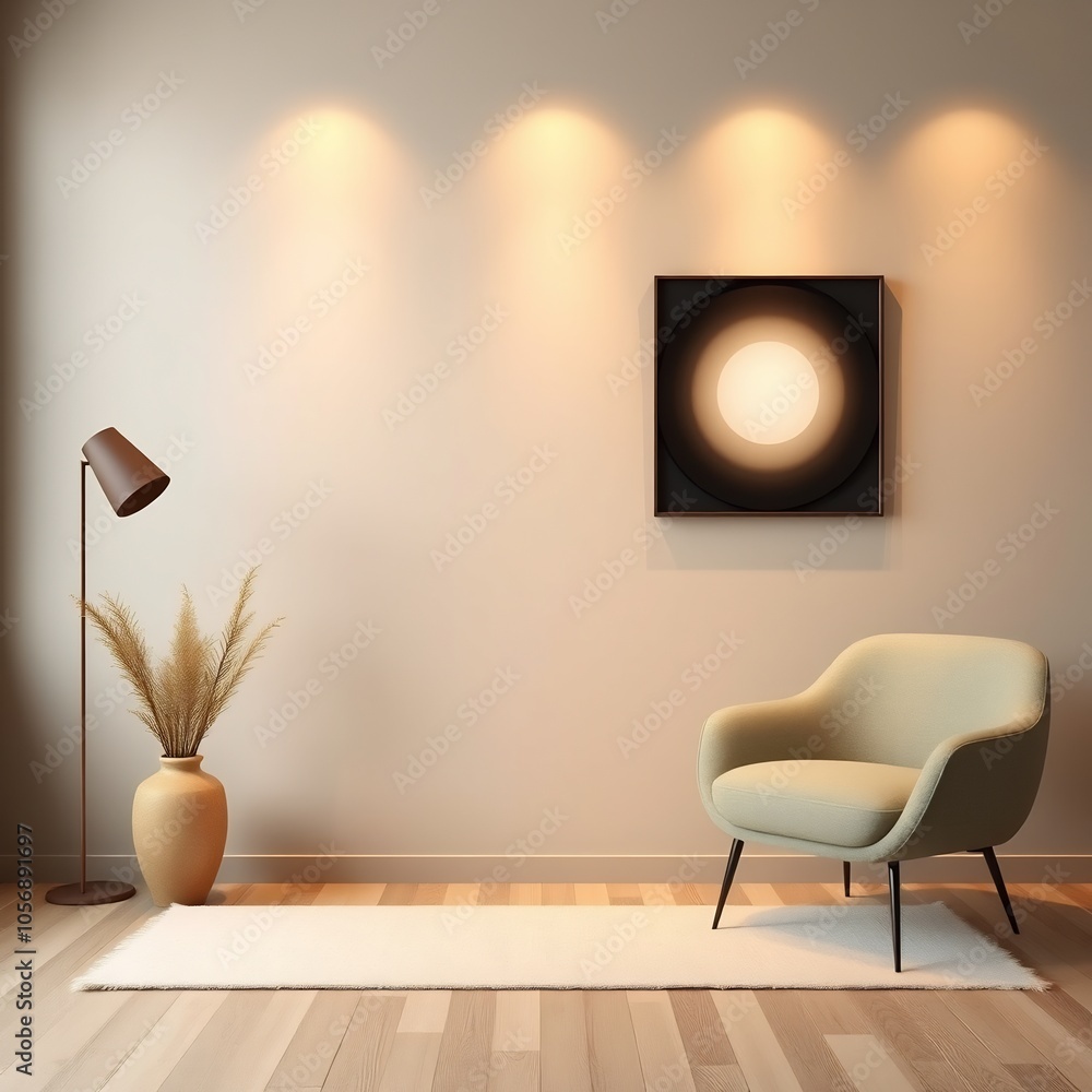 Minimalist living room with a beige armchair and a framed artwork with a circle pattern on the wall. Minimalist living room with a beige armchair and a framed artwork with a circle pattern on the wall.