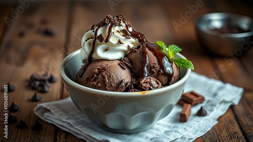 A decadent dessert of rich chocolate ice cream, topped with a dollop of whipped cream and a drizzle of chocolate sauce, garnished with fresh mint leaves, resting on a wooden surface
