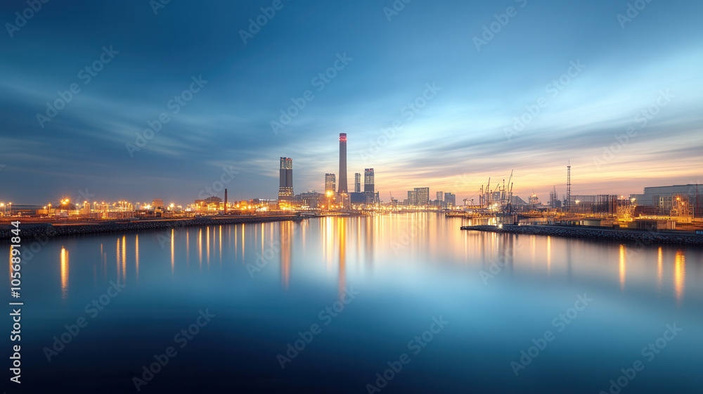 Naklejka premium serene view of city skyline at dusk, reflecting on calm waters, showcasing industrial structures and vibrant lights