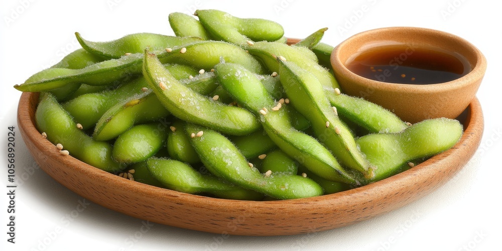 Steamed Edamame with Sesame Seeds and Soy Sauce Dipping Bowl on Wooden Plate Steamed Edamame with Sesame Seeds and Soy Sauce Dipping Bowl on Wooden Plate