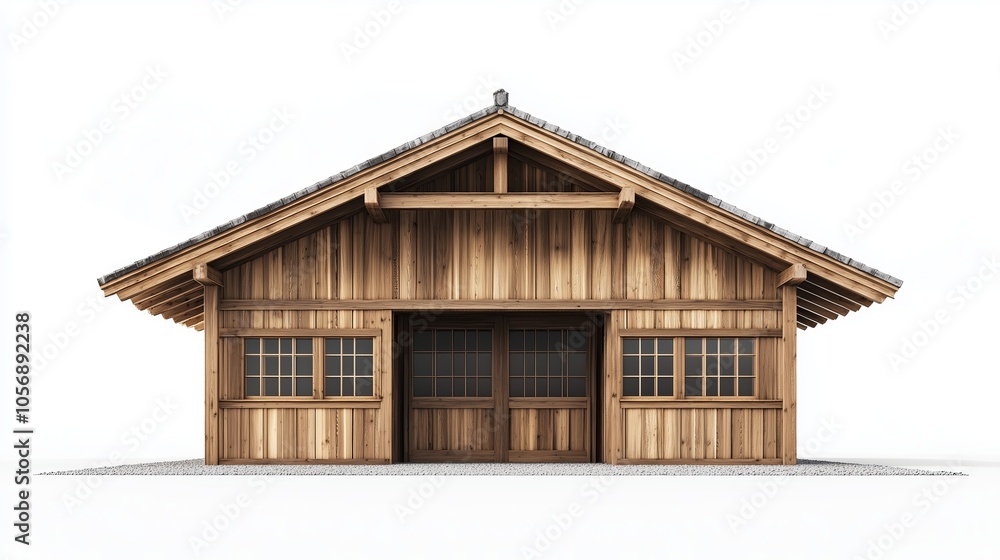 A large wooden building with a slanted roof. The building has a lot of windows and a large door. The building is very old and has a rustic feel to it A large wooden building with a slanted roof. The building has a lot of windows and a large door. The building is very old and has a rustic feel to it