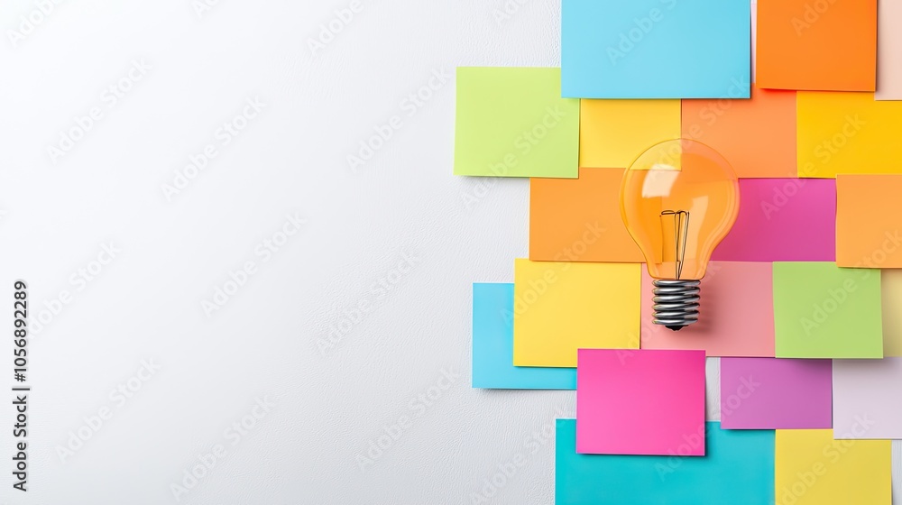 A colorful arrangement of sticky notes surrounds a glowing light bulb, symbolizing creativity and inspiration in brainstorming or idea generation. A colorful arrangement of sticky notes surrounds a glowing light bulb, symbolizing creativity and inspiration in brainstorming or idea generation.