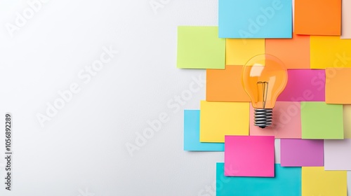 A colorful arrangement of sticky notes surrounds a glowing light bulb, symbolizing creativity and inspiration in brainstorming or idea generation.