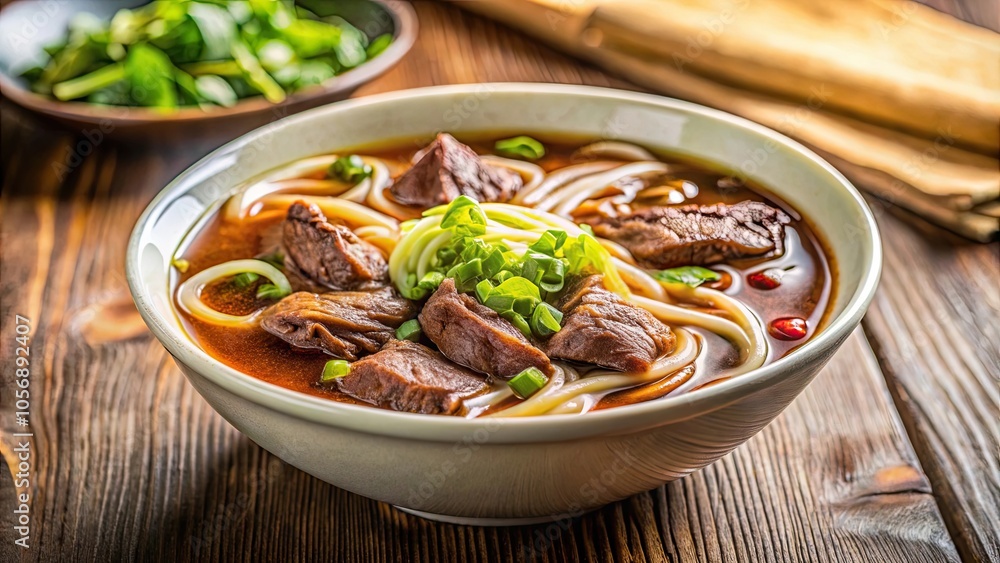 Braised beef noodle soup served in a restaurant setting, delicious, Asian cuisine, comfort food, savory, hearty, steamy Braised beef noodle soup served in a restaurant setting, delicious, Asian cuisine, comfort food, savory, hearty, steamy