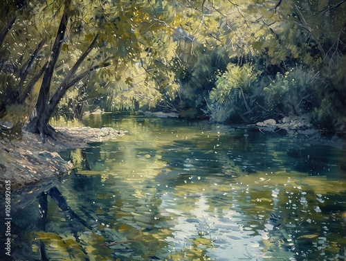 Serene River Scene: Tranquil Water and Lush Greenery