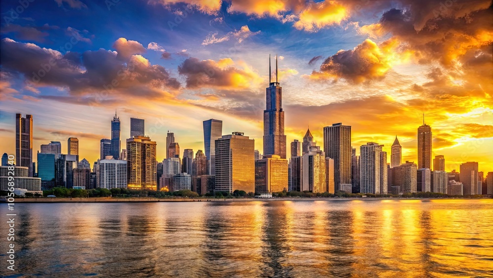 Panoramic view of Chicago cityscape at dusk with golden sunset hues , Chicago, cityscape, dusk, sunset Panoramic view of Chicago cityscape at dusk with golden sunset hues , Chicago, cityscape, dusk, sunset