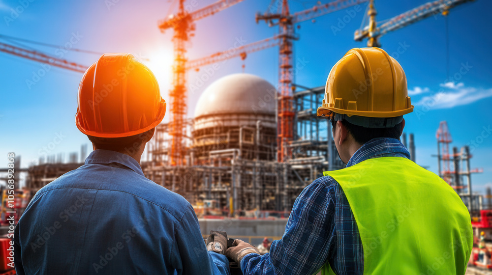 Workers observing construction at nuclear power plant site, wearing safety helmets and vests, with cranes and machinery in background Workers observing construction at nuclear power plant site, wearing safety helmets and vests, with cranes and machinery in background