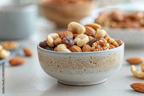 Natural energy: mix of nuts and dried fruits in a clean style photo