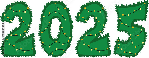 Vector 2025 numbers in christmas tree style. Golden bubbles lights shine. Green numbers with gerland. Two zero five. Merry Christmas. Santa Claus greeting card
