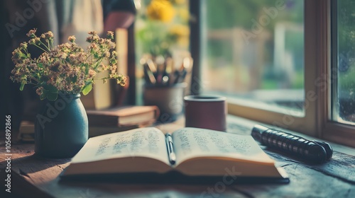 Open Notebook with Pen, Flowers, and a Mug on a Wooden Table Near a Window photo