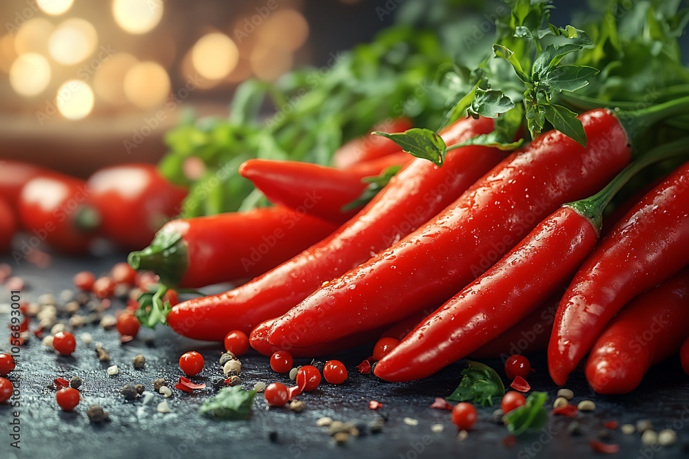 Fresh red chili peppers on a dark background. Fresh red chili peppers on a dark background.