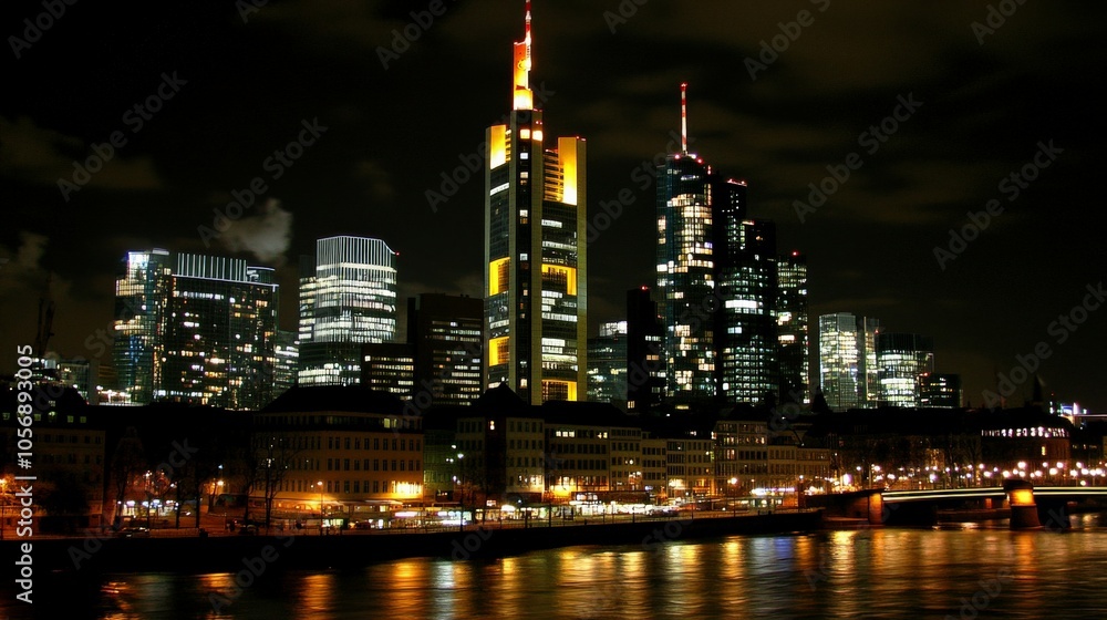 Modern City Skyline at Night with Illuminated Buildings Modern City Skyline at Night with Illuminated Buildings