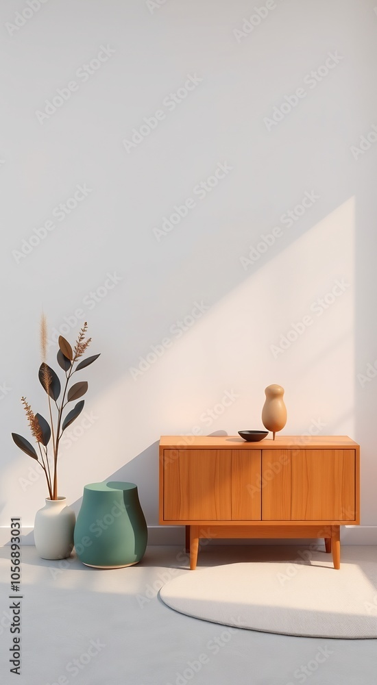 Minimalist living room interior with wooden cabinet, white vase, and green stool. Minimalist living room interior with wooden cabinet, white vase, and green stool.