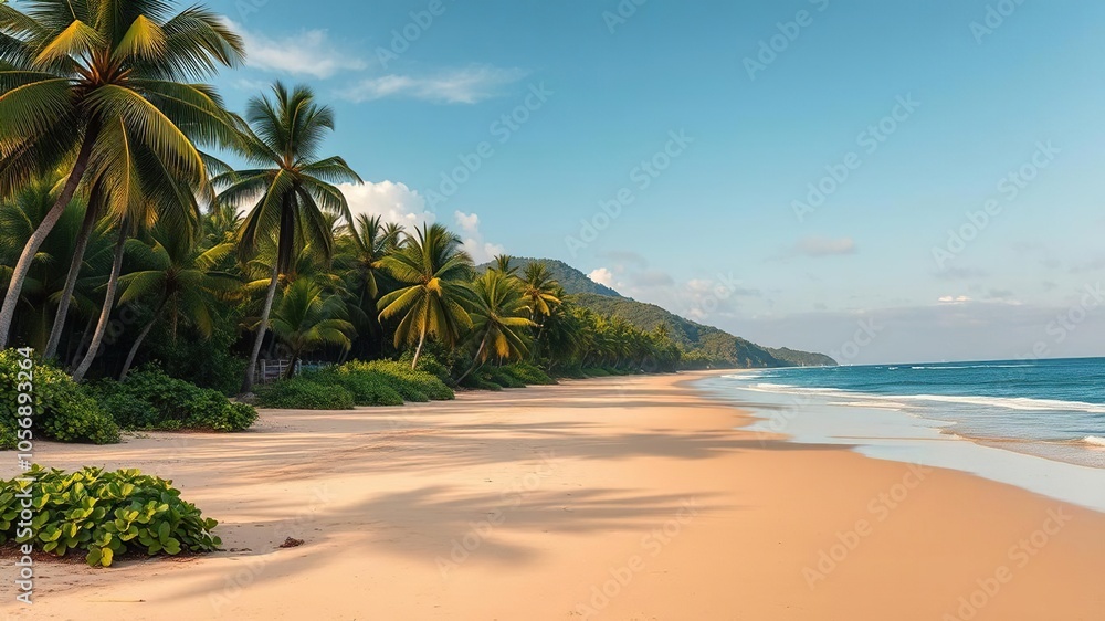 Obraz premium Lush palm trees and wild vines frame a secluded stretch of golden sand along the untamed shore of a tropical paradise, beach, landscape