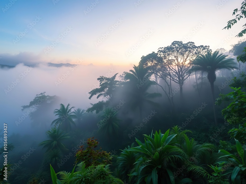 Lush tropical forest shrouded in morning fog, creating a mystical and serene atmosphere, dawn, greenery Lush tropical forest shrouded in morning fog, creating a mystical and serene atmosphere, dawn, greenery