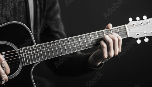 Close-up of hands playing acoustic guitar with dark background.