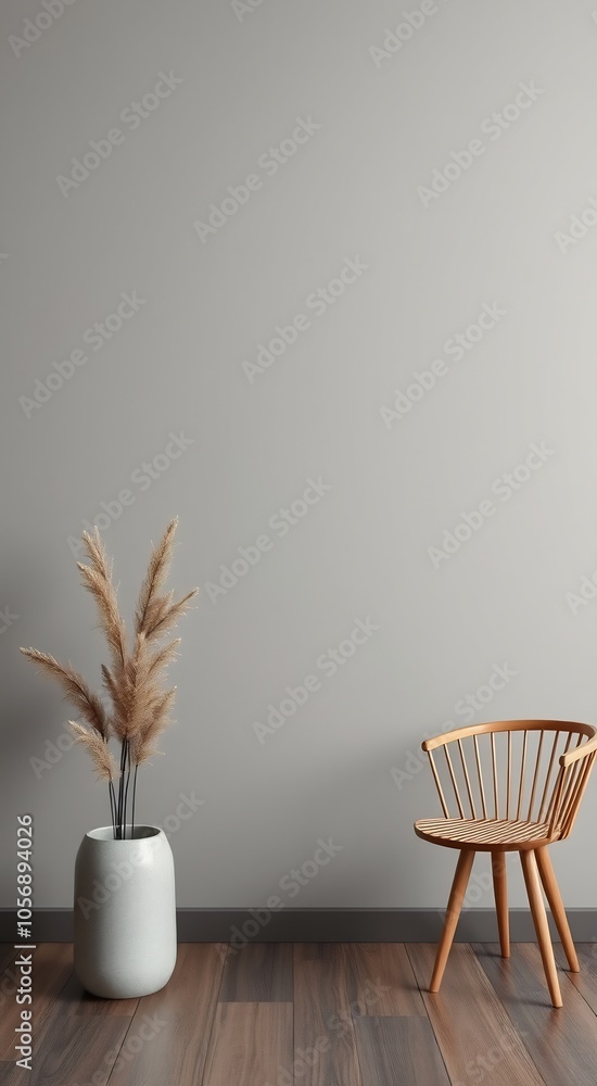 A gray wall with a wooden chair and a vase of dried grass. A gray wall with a wooden chair and a vase of dried grass.