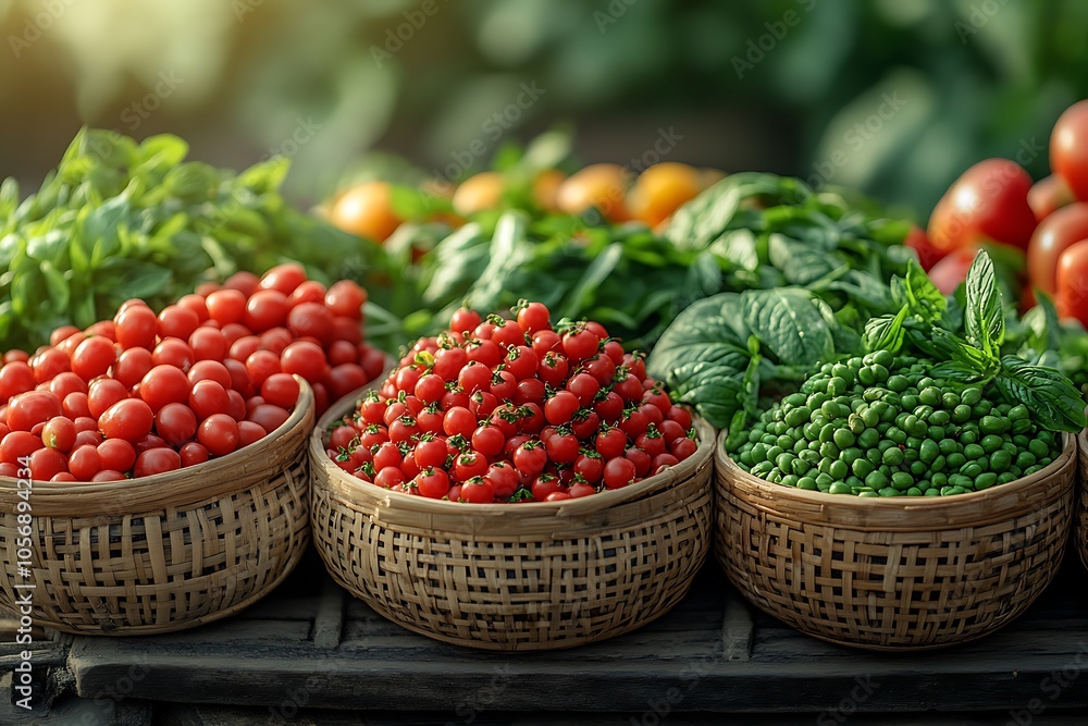 Freshly picked vegetables in baskets at a farmers market. Freshly picked vegetables in baskets at a farmers market.