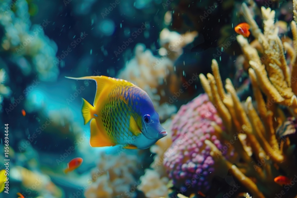 Obraz premium A blue and yellow fish swimming in an aquarium