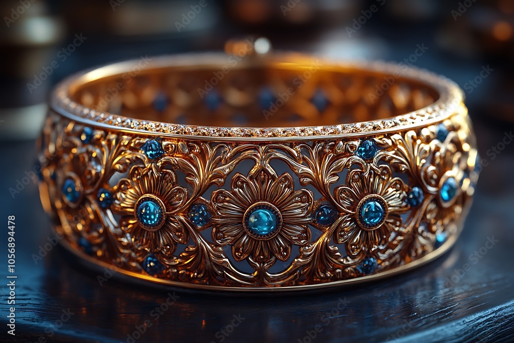 A close-up of an intricately designed gold bracelet with blue gemstones. A close-up of an intricately designed gold bracelet with blue gemstones.