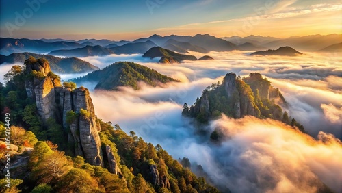 Morning mist clinging to the rugged terrain of a mountainous region, mist, hills, sunrise, mountain, landscape