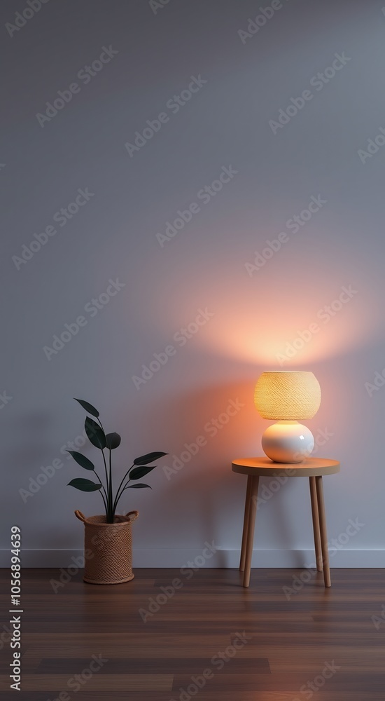 Modern living room with a lamp on a side table, a plant in a wicker pot and a light wood floor. Modern living room with a lamp on a side table, a plant in a wicker pot and a light wood floor.