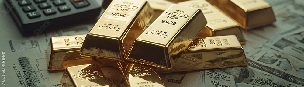 A desk with gold bars, financial reports, and a calculator, showcasing the evaluation of gold as a high-value investment with inherent risks. Background includes plenty of copy space. A desk with gold bars, financial reports, and a calculator, showcasing the evaluation of gold as a high-value investment with inherent risks. Background includes plenty of copy space.