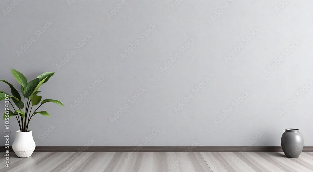 Minimalist interior with a plant and vase on a light wood floor. Minimalist interior with a plant and vase on a light wood floor.