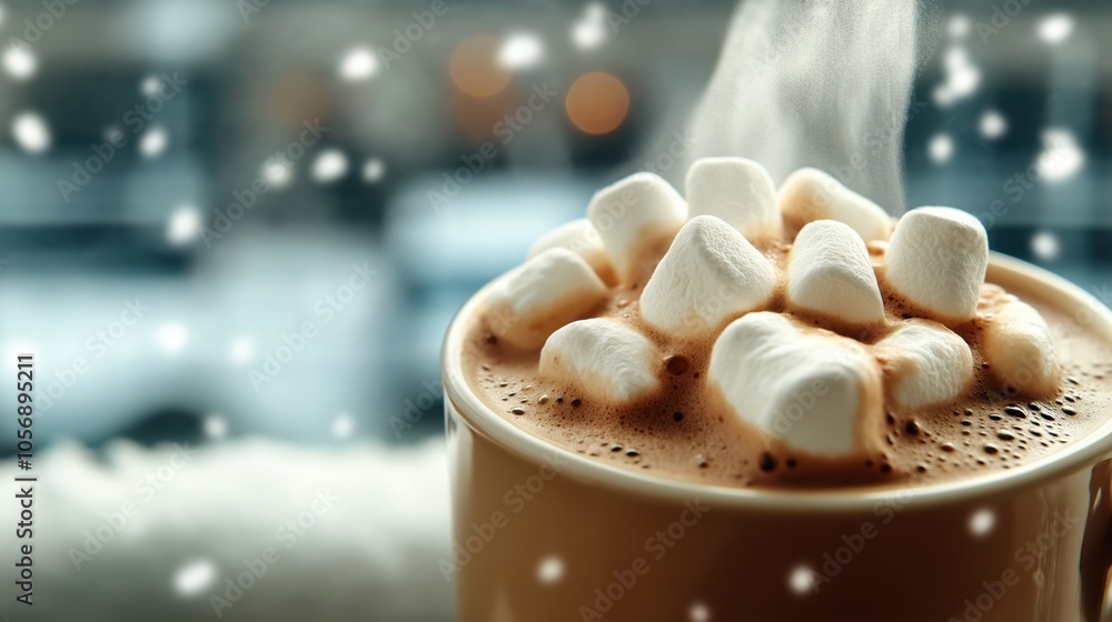 Hot chocolate with marshmallows in a mug in a cozy winter setting with snowflakes falling in the background. Hot chocolate with marshmallows in a mug in a cozy winter setting with snowflakes falling in the background.