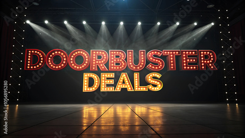 Illuminated sign for doorbuster deals in a theater setting with dramatic lighting.