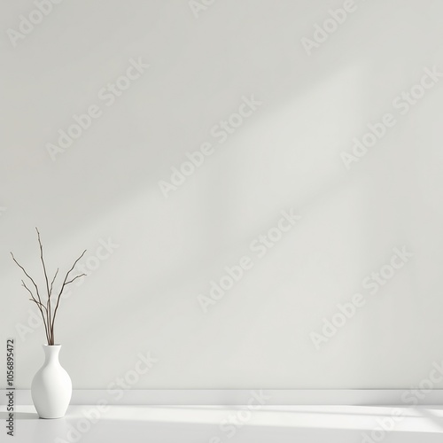 Minimalist white vase with twig branches on a white table against a white wall with light shining through the window.