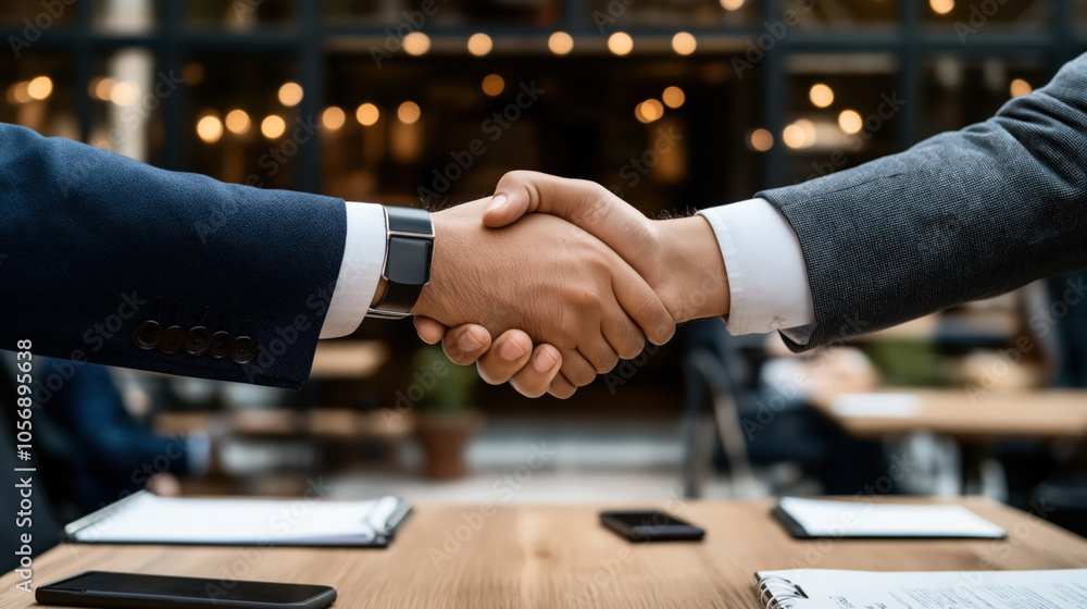Φωτογραφία Close-up of two businesspeople shaking hands over a desk with documents, phones, and blurred business environment in the background