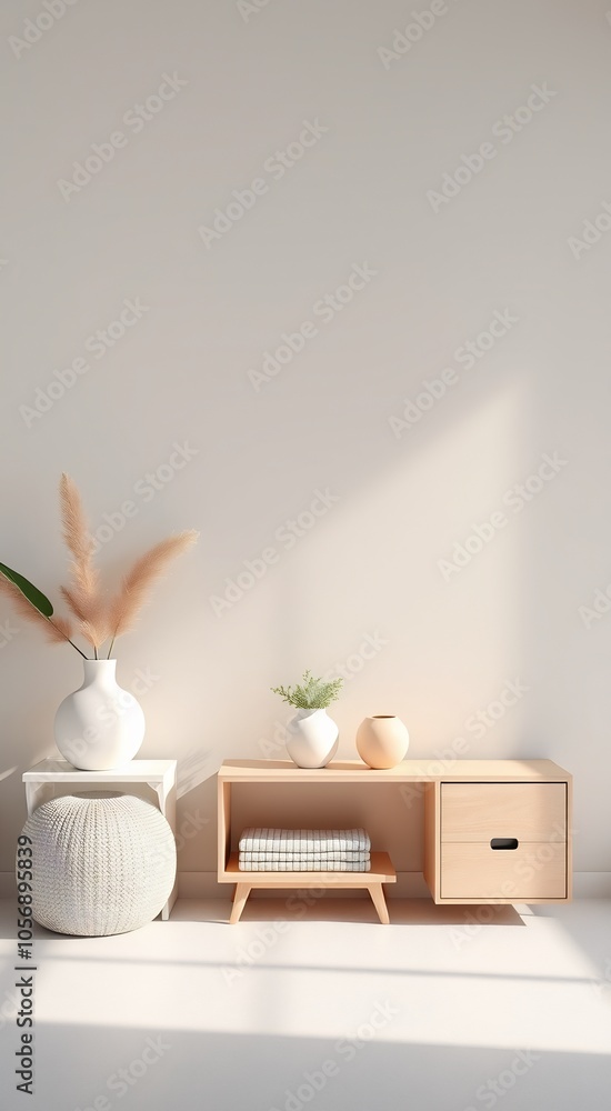 Minimalist interior design with a wooden cabinet, vases, and a fluffy pouf. Minimalist interior design with a wooden cabinet, vases, and a fluffy pouf.