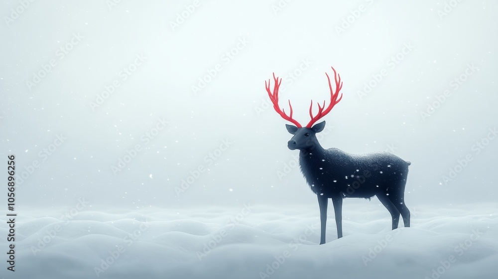 Black Deer with Red Antlers Standing in a Snowy Landscape Black Deer with Red Antlers Standing in a Snowy Landscape