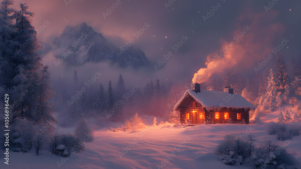 Cozy Wooden Cabin in Snow-Covered Forest with Smoky Chimney: Serene Winter Scene of Rustic Cabin Surrounded by Snowy Pines
Cozy Wooden Cabin in Snow-Covered Forest with Smoky Chimney: Serene Winter Scene of Rustic Cabin Surrounded by Snowy Pines