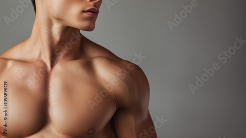 Muscular male torso on a gray background with copyspace. 