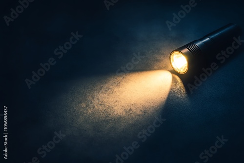 A single flashlight casting a bright beam on a dark surface, symbolizing illumination and discovery in the midst of darkness.