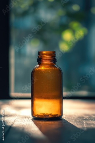 A brown glass bottle sits on top of a wooden table, simple and straightforward