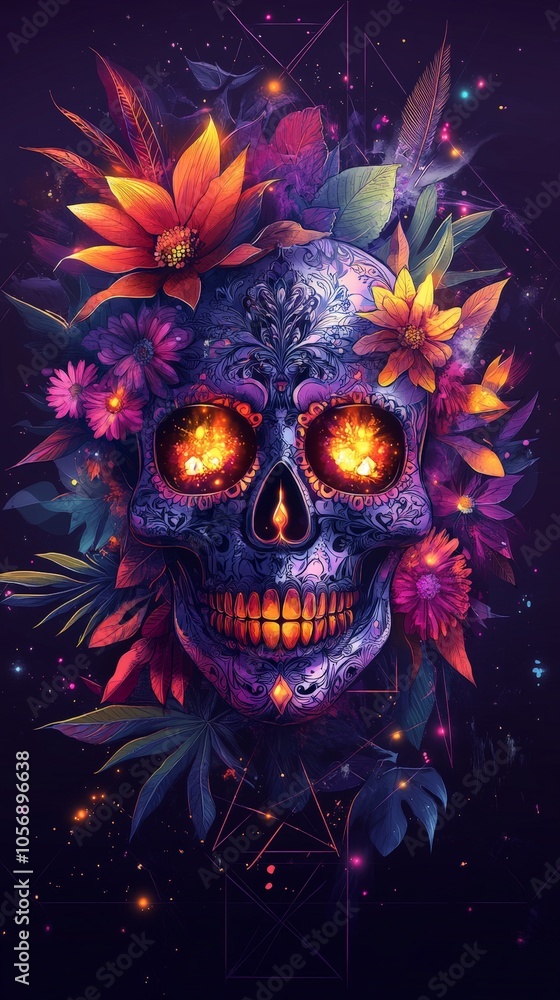 Day of the Dead skull with flowers and colorful geometric designs, symbolizing Mexican heritage Day of the Dead skull with flowers and colorful geometric designs, symbolizing Mexican heritage