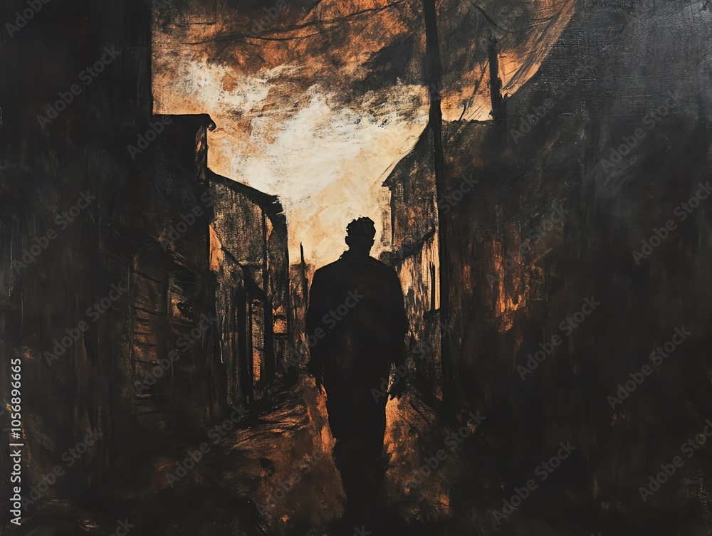 Silhouette of a person walking through a dimly lit alley at dusk, with dramatic clouds overhead, creating a mysterious atmosphere. Silhouette of a person walking through a dimly lit alley at dusk, with dramatic clouds overhead, creating a mysterious atmosphere.