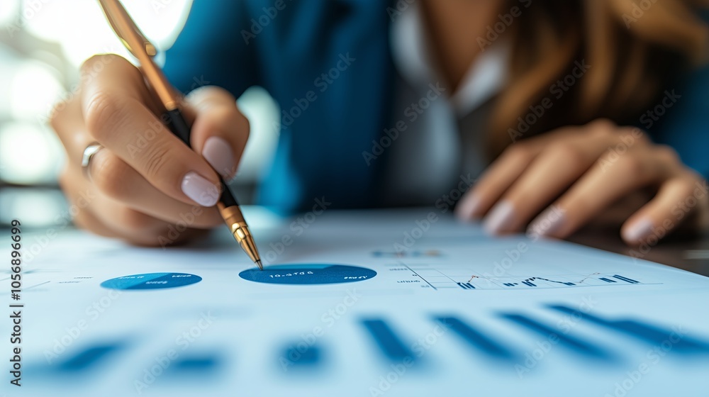 A woman is writing with a pen on a piece of paper. Concept of focus and determination as the woman works on her task. The blue background and the pen's color contrast with the woman's hand A woman is writing with a pen on a piece of paper. Concept of focus and determination as the woman works on her task. The blue background and the pen's color contrast with the woman's hand