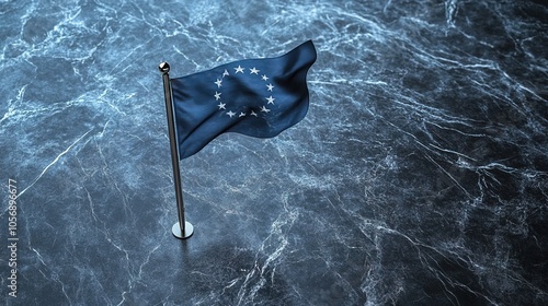 Glowing edge united nation flag lies on a marble table with copy space photo