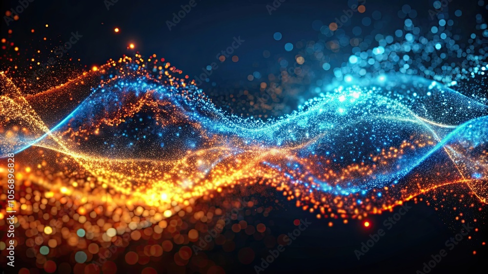 Glowing orange and blue particles forming a dynamic wave pattern, abstract, glowing, particles, wave, movement, creativity Glowing orange and blue particles forming a dynamic wave pattern, abstract, glowing, particles, wave, movement, creativity