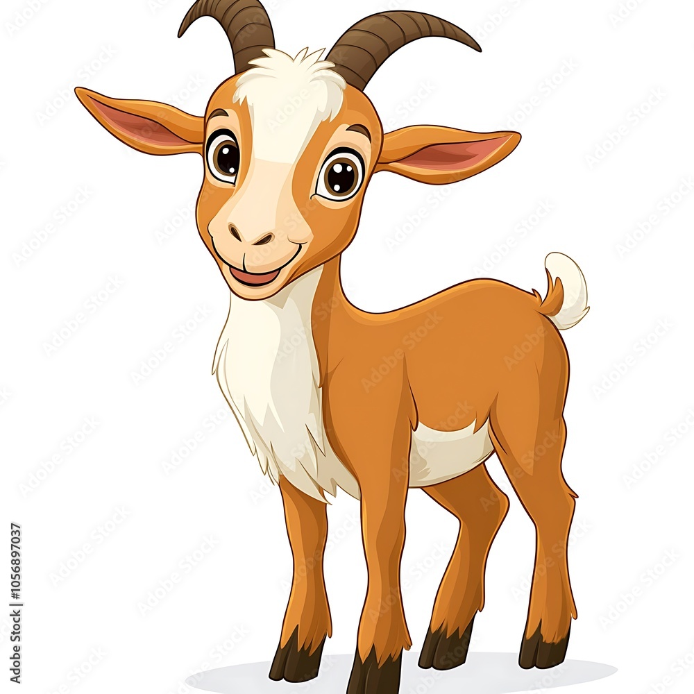 A cartoon goat standing with short horns on a white background. A cartoon goat standing with short horns on a white background.