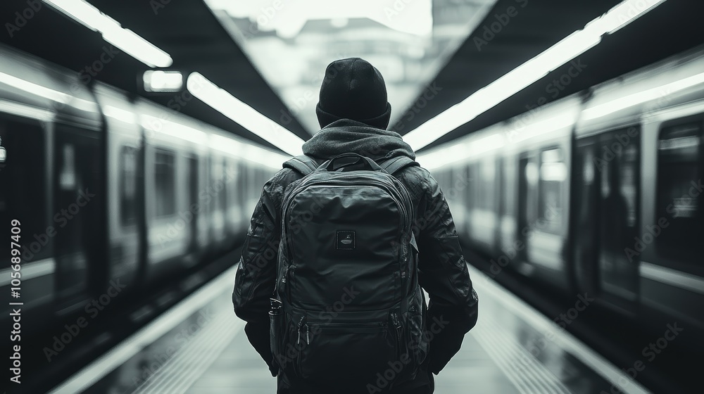 Naklejka premium a black-white full body, back view photo of a Backpacker of age 20-25 standing on a metro platform moving metro train on background. cinematic. highly detailed, high resolution for magazine.
