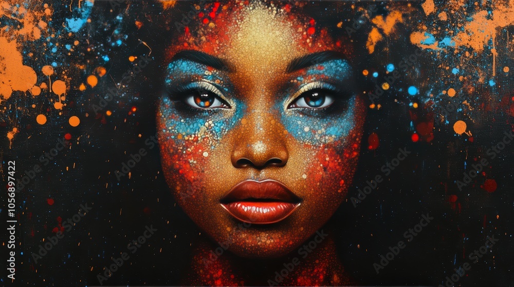 a beautiful Afro woman featuring a face painted with cosmic motifs, adorned with elaborate and intricate embellishments. artwork embodies a contemporary style, highlighted by a dramatic backlighting a beautiful Afro woman featuring a face painted with cosmic motifs, adorned with elaborate and intricate embellishments. artwork embodies a contemporary style, highlighted by a dramatic backlighting