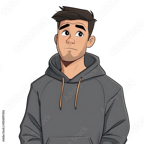 Cartoon guy with a raised eyebrow in a streetwear hoodie on a white background. photo