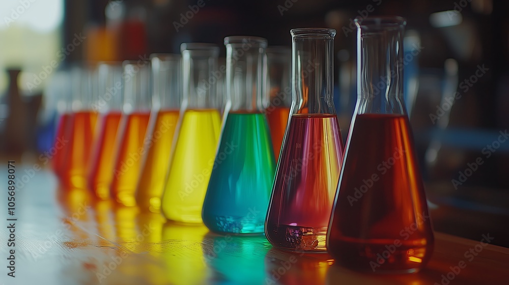 A row of colorful glass beakers filled with various colored liquids. The colors are bright and vibrant, creating a cheerful and lively atmosphere. The beakers are lined up on a table A row of colorful glass beakers filled with various colored liquids. The colors are bright and vibrant, creating a cheerful and lively atmosphere. The beakers are lined up on a table