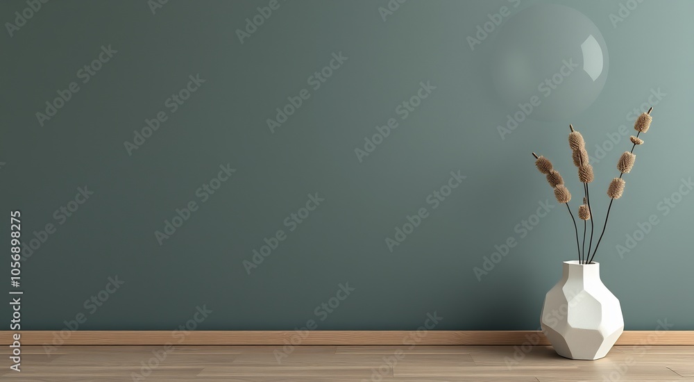 Minimalist interior with a white vase and dried flowers on a teal wall. Minimalist interior with a white vase and dried flowers on a teal wall.