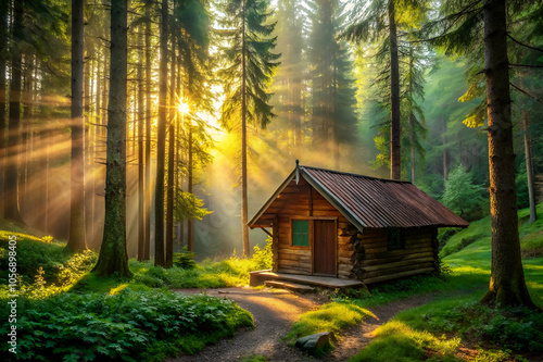 A serene forest scene featuring a rustic cabin, surrounded by tall trees and illuminated by golden sunlight streaming through the foliage.